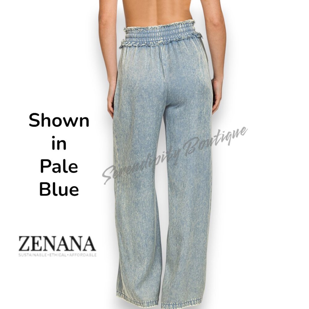 Zenana Mineral Wash Soft Comfy Flare Leg Elastic Drawstring Paper Bag Pants - Picture 6 of 12